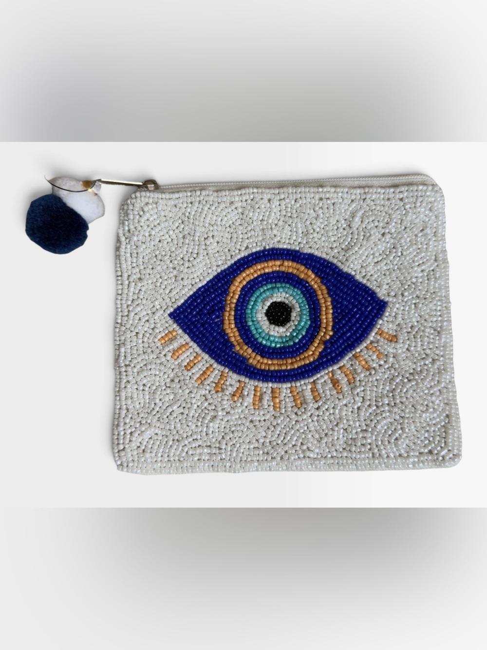 Beaded Evil Eye Wristlet Pouch - White with Blue Accent